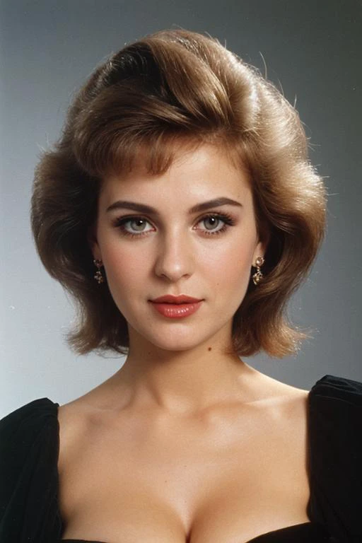 face,portrait, 1980s hairdo, headshot, ((cleavage)), formal hairstyle, flirty, parted lips, (looking at viewer)  DEN_daisy_taylor