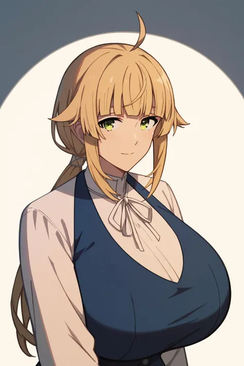 blue dress, white ribbon, white sleeves, long sleeves, white shirt, black shirt <lora:norn_greyrat_anime_s2_v2-soralz:1> norn_greyrat,bangs, blonde hair,long hair,yellow green eyes,ahoge,sidelocks,blunt bangs hair flaps,low ponytail,<lora:age_slider_v4:4>g...