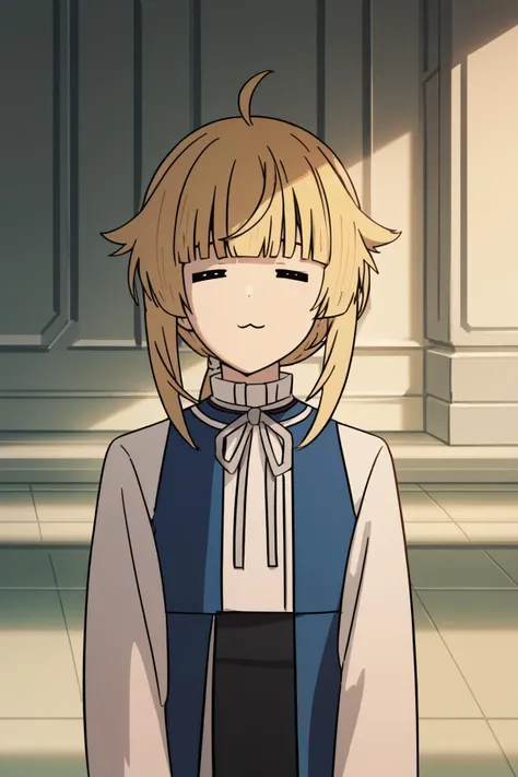 <lora:ChamElfExpressionPonyXL:1.2>=w=, :3, = =, eyes closed,source_anime, <lora:norn_greyrat_anime_s2_v2-soralz:1> norn_greyrat,bangs, blonde hair,long hair,yellow green eyes,ahoge,sidelocks,blunt bangs hair flaps,low ponytail,blue dress, white ribbon, whi...