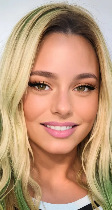 yael bar zohar face, realistic, brown eyes, blond hair, lips, long hair, centered, looking at viewer, wearing Brown shirt, 
masterpiece, professional, dark green hair, striped, smile,
closeup, (incredibly detailed:0.9), [cartoon, drawing, anime :realistic,...