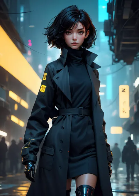 1girl,  surreal mecha core,   minimalistic, detailed , realistic,
long coat, turtle neck, cleavage 
shadow, dramatic lighting 
  dystopia, grungy, industrial, messy short hair, science-fiction
( 8k,3D-rendering art by Benedick Bana , Yuumei   )