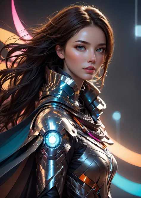 a female cyborg warrior ,   
wearing detailed robes cape
 cleavage,  hard edges
sci-fi, wires, circuits, 
(color-field, conceptual, contemporary, digital, geometric, minimalism)
(   by  Ellen Jewett Raymond Swanland Mike Winkelmann )