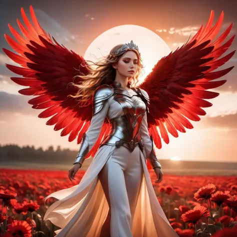 A beautiful valkyrie in a flower field, angel wings on her back, feathers flying in the wind, full body, red sun (perspective , from above, wide angle) surreal, rich, detailed , realistic, dramatic lighting dystopia, grungy ( 8k art by Luious Royo)