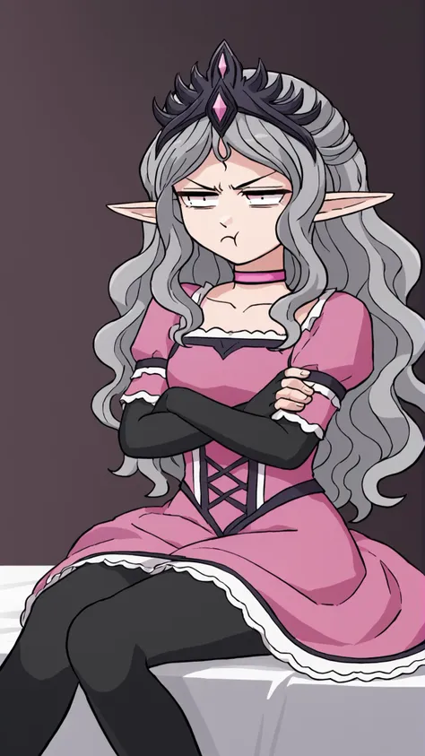 <lora:xl_slaneesh:0.8> slaneeshxl, grey hair, wavy hair, tiara, pink dress, pink choker, black fingerless gloves, black tighhigh...