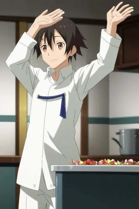 a woman in a chef uniform standing in a kitchen with her hands up