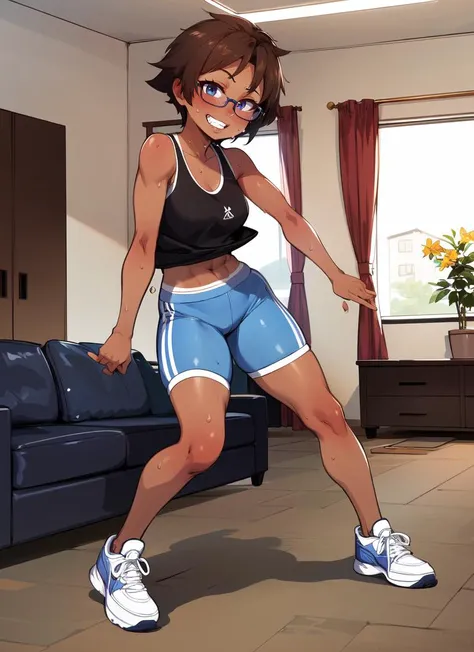 ((best quality)), ((highly detailed)), masterpiece, absurdres, extremely detailed face, beautiful face, (detailed eyes, deep eyes), <lora:more_details:.2>, (1girl), (glasses), dynamic pose, full body, tan tomboy, short hair, ((tan skin)), tanlines, athleti...