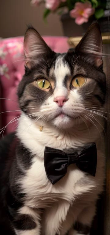 araffe cat wearing a bow tie sitting on a chair