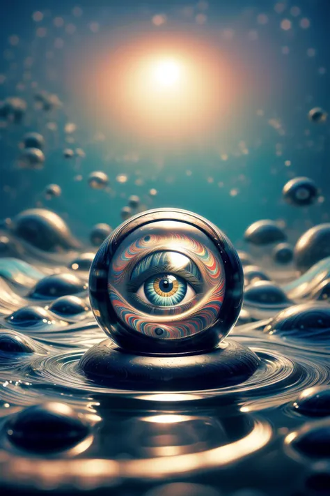 a close up of a sphere with a eye in the middle of water