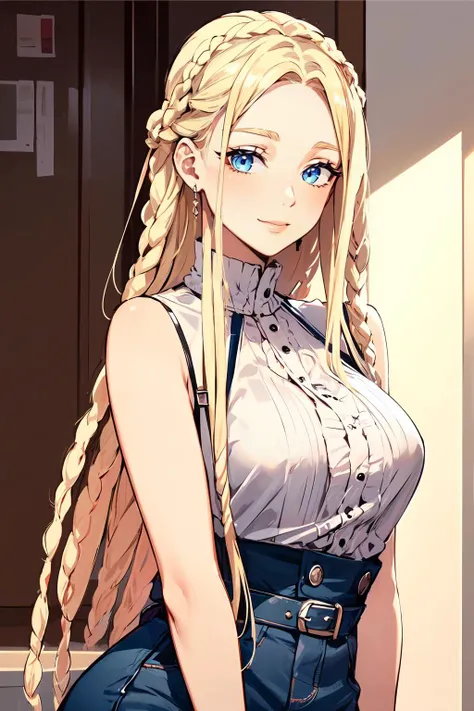 <lora:normaldreadlocks:0.7> dreadlocks,, ultra detailed, masterpiece, best quality, aesthetic, detailed,, solo, soft smile, light smile,
1girl, blue eyes, very long hair, blonde hair, long blonde hair, french braid, bangs, medium breasts,