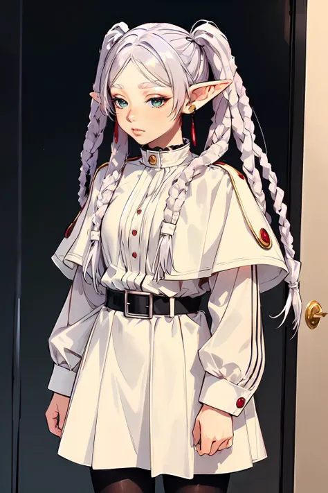 <lora:africandreadlocks:0.8> dreadlocks,  <lora:Frieren:1> FrierenBase, twintails, earrings, white capelet, striped shirt, white skirt, long sleeves, belt, black pantyhose,, ultra detailed, masterpiece, best quality, aesthetic, detailed,