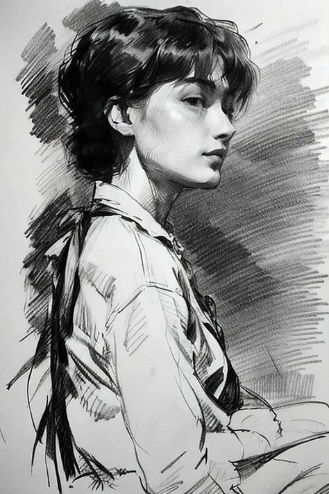 pencil portrait, profile of a slender girl with short hair