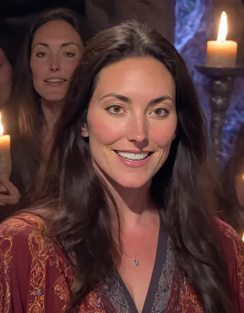 a woman with long hair and a red shirt holding a lit candle