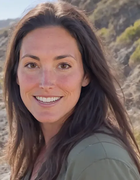 a close up of a woman with long hair smiling at the camera