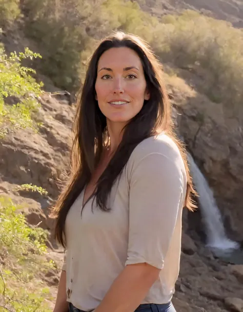 woman standing in front of a waterfall with a waterfall in the background