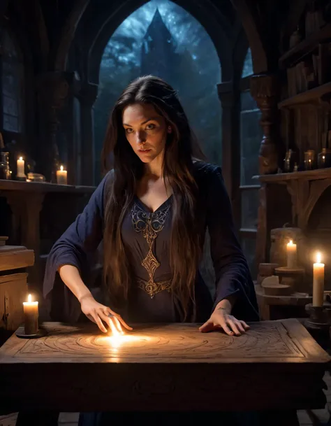 a woman in a dark dress holding a candle in front of a table