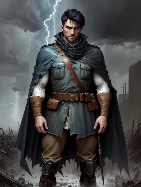 <lora:sharp_eyes:0.8> best quality, World war 1, concept art, 1man, 35 years old, buff, square face, wide shoulders, sharp_eyes, concept art, light_blue cloak, dirt, torn clothes, sharp features, short messy black hair, slight frown, (looking away), quiver...