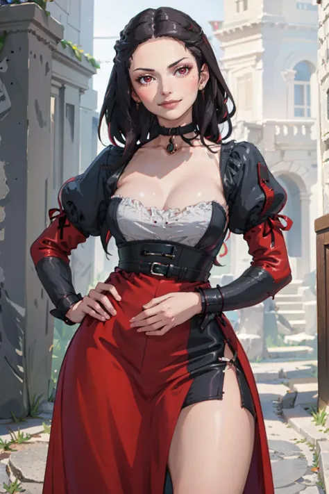 ((Masterpiece, best quality)), edgQuality,((dark hair)),hands on hip,smirk,smug,
edgRenaissance, a woman in a dress posing for a picture ,wearing edgRenaissance
<lora:edgRenaissanceDress1:1>
 <lora:Nevin:0.8>Nevin,red eyes,