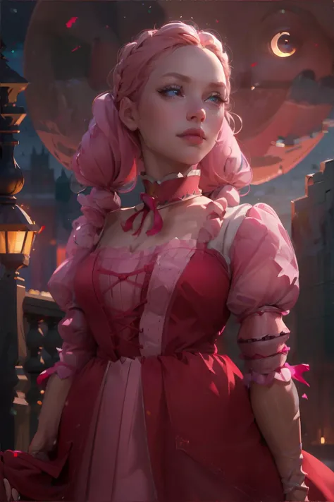 <lora:renaissancedress:0.8>, edgRenaissance, woman wearing edgRenaissance, pastel pink dress red trim, pink twin pigtails, brown eyes, outside, nighttime, crescent moon || masterpiece, perfect quality, sharp focus, shallow depth of field, 8k