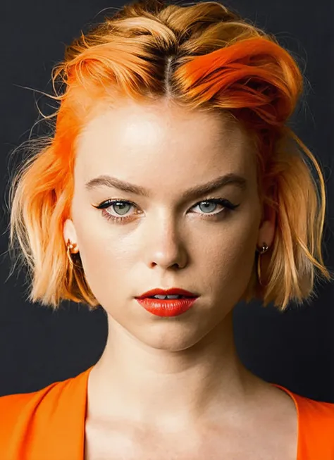 portrait of sks woman by Flora Borsi, style by Flora Borsi, bold, bright colours, orange Mohawk haircut, ((Flora Borsi)), <lora:locon_millyalcock_v1_from_v1_64_32:1.25>