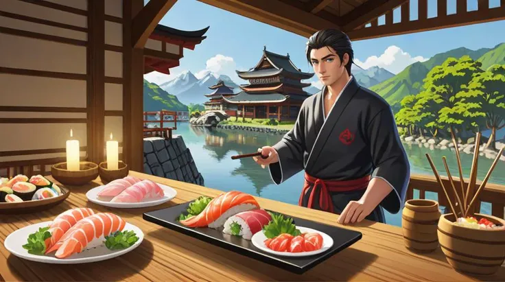 sashimi, (sushi:1.2), castle, village, first_person_shooter, holding_sword,, (masterpiece, best quality),