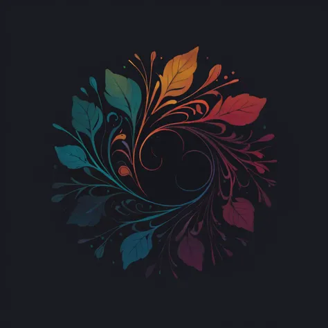 a colorful swirl with leaves on a black background