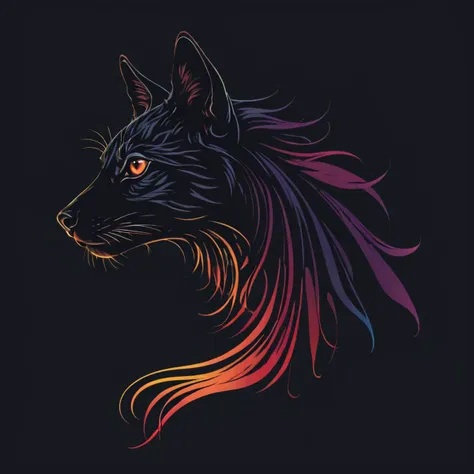 a black cat with colorful hair on a dark background