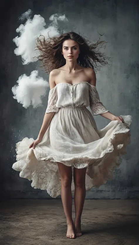 a woman in a white dress is standing in front of a cloud