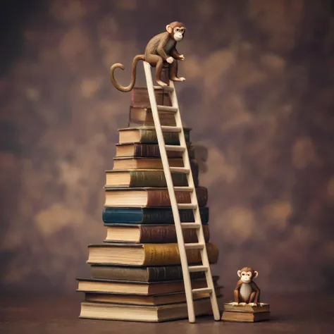 object photography, miniature world, a long ladder towards the top of a pile of books on the desk,
a cute little monkey climbing the ladder, solo, text "Why dont read?"