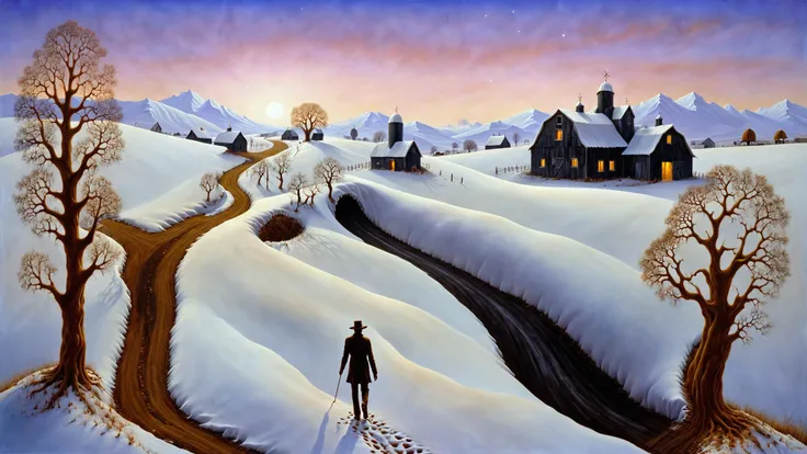 magic realism, daylight photo of distant people, surreal black farm road in a fantasy winter landscape, lw06b-4000, srxl02-2000,...