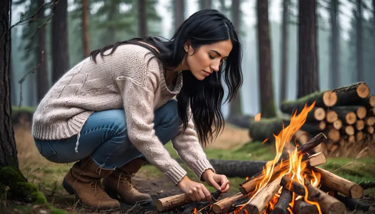 highly detailed raw photo, beautiful woman bending over adding wood to a fire, long black hair, tan skin, knitted sweater, maste...