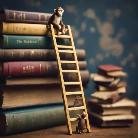 object photography, miniature world, a long ladder towards the top of a pile of books on the desk,
a cute little monkey climbing...