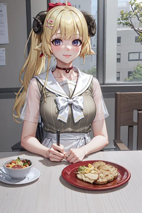 anime girl sitting at a table with a plate of food