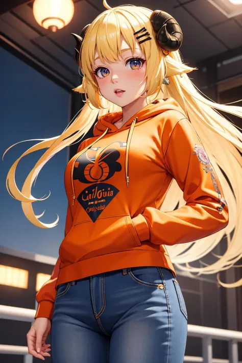 ultra detailed, sharp focus, best quality, masterpiece, colorful, <lora:CHAR-WatameV5:0.8> TsunomakiWatame, long hair, ahoge, orange hoodie, jeans, best quality, dynamic lighting, masterpiece, intricate details