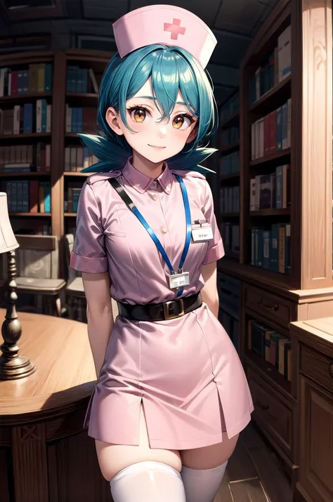 (masterpiece, best quality, detailed), 1girl, solo, pkmnJenny, looking at viewer, 
nurse, nurse uniform, white thighhighs, nurse cap, pink dress, id card, indoors, library, bookshelf, book, book stack, arms behind back, smile, closed mouth