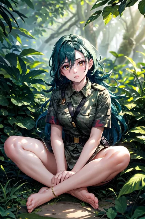 a woman sitting on the ground in a forest with green hair