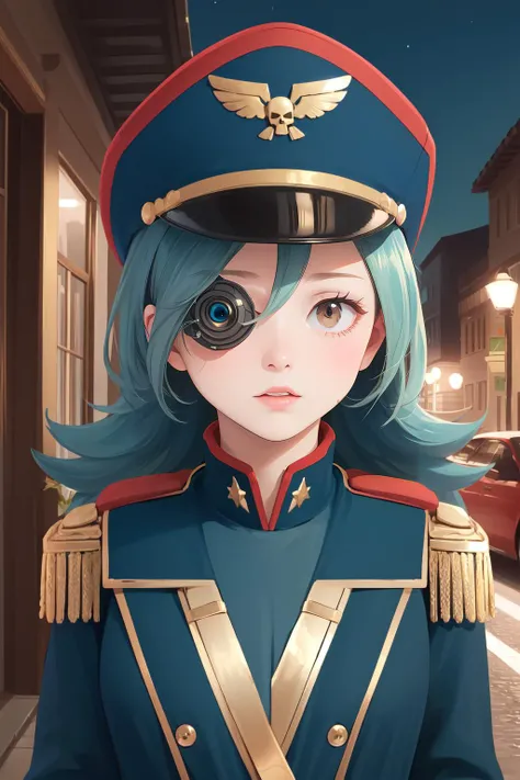 (masterpiece, best quality),  intricate details,
1girl,    <lora:officerjenny-nvwls-v1:0.8> pkmnJenny, 
sweating, night,
  <lora:edgWar40kCommissarv1:0.8> edgCommissar, millitary uniform, epaulettes , ((artificial eye)), skull emblem, hat, wearing edgCommi...