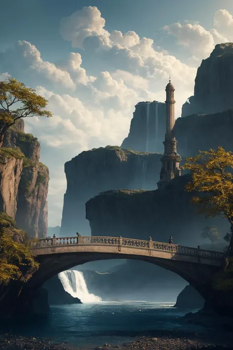 a bridge over a river with a waterfall and a castle in the background