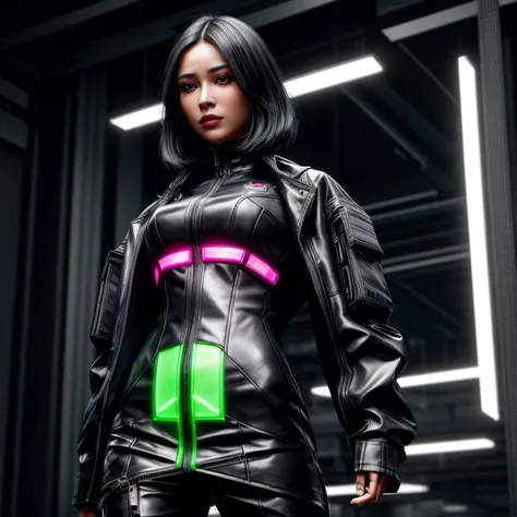 a woman in a black leather outfit with neon accents