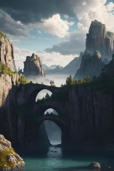 a man standing on a bridge over a river in a mountainous area