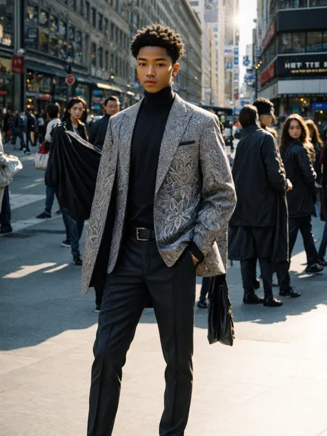 [Beautiful {european | american | african} man in the city with interesting modern outfit], (full body:1.4) with detailed skin (highly detailed), highly-detailed clothes, dramatic pose, interesting composition, natural illumination, rich shadows, shallow d...