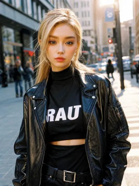 arafed woman in a black shirt and leather jacket standing on a city street