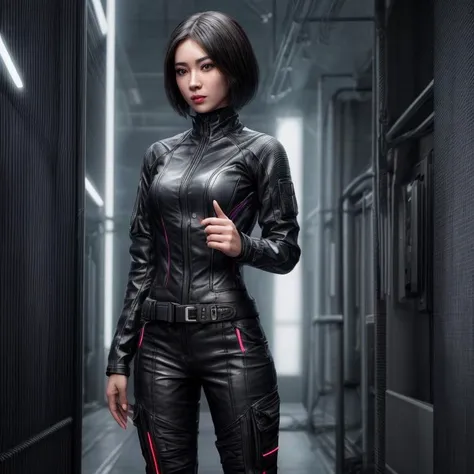 a woman in a black leather suit standing in a hallway