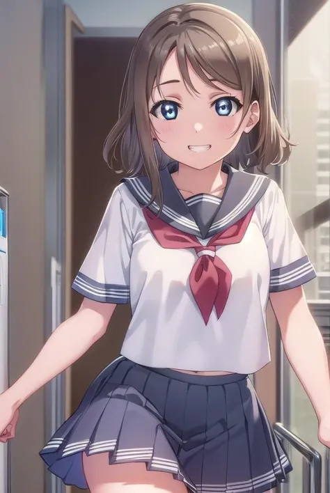 youwatanabe, <lora:you watanabe s2-lora-nochekaiser:1>,
you watanabe, short hair, blue eyes, brown hair, smile, grin,
BREAK skirt, school uniform, short sleeves, pleated skirt, serafuku, socks, neckerchief, kneehighs, black socks, (red neckerchief:1.2), gr...