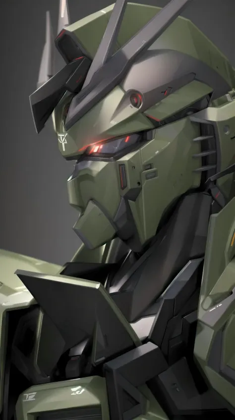 a close up of a green and black robot with a red eye