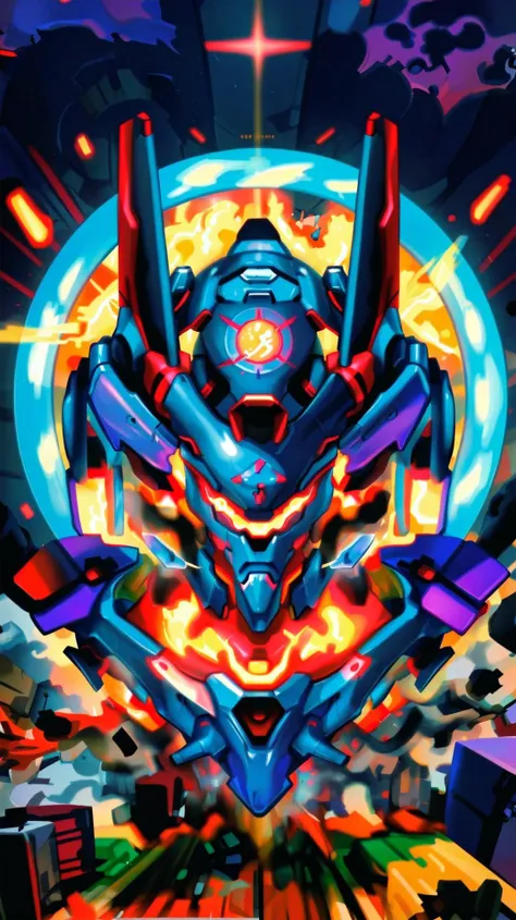 a painting of a robot with a large head surrounded by fire