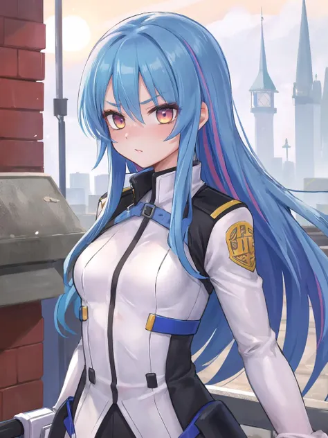 a close up of a person with long blue hair and a uniform