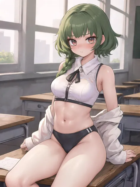 Sadayo Kawakami, (Persona 5 series), 1girl, mature female, old, small Breasts, Athletic, abs, long hair, crown braid, colored hair tips, light green hair, light brown hair, classroom, [__PRESETS/SPECIES/Robots__:0.7]