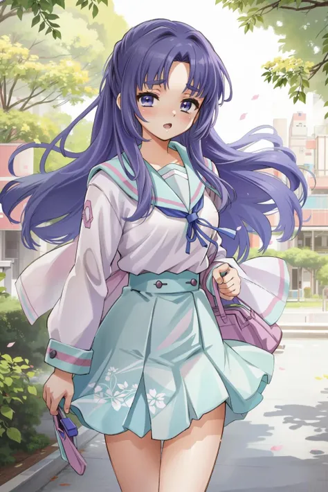 asakuraryouko, kita_high_school_uniform, <lora:Asakura_Ryouko:0.8>, bright and sunny outdoor setting, illustrated by ai yoshitome or laura london, background with pastel dreamy colors, with pink and blue hues, high resolution and sharp focus, art nouveau o...