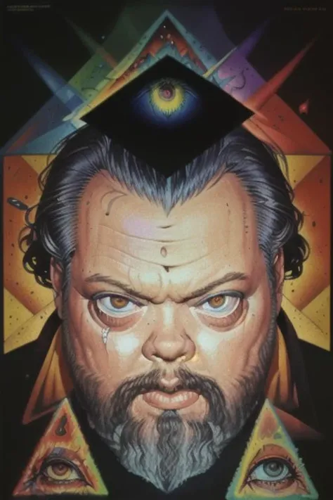 psychedelic poster, powerful head of Orson Welles with third eye, raining acid drops from the pyramids <lora:OrsonWelles:1>