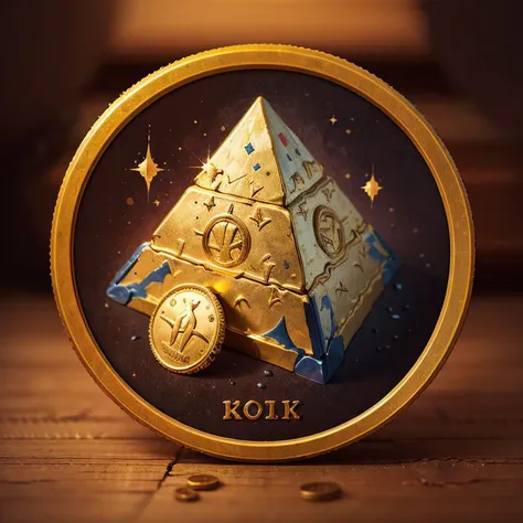 a close up of a coin with a gold pyramid on it